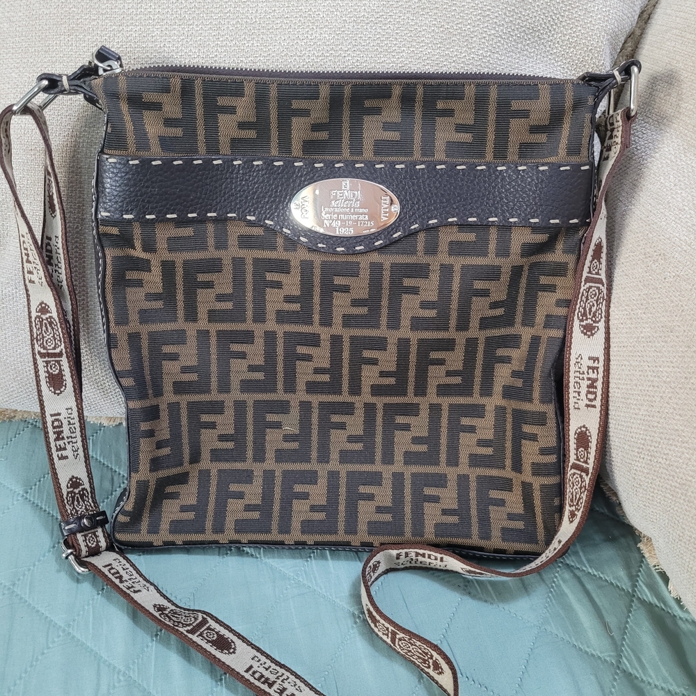 Fendi Zucca Selleria Canvas Leather Crossbody Bag